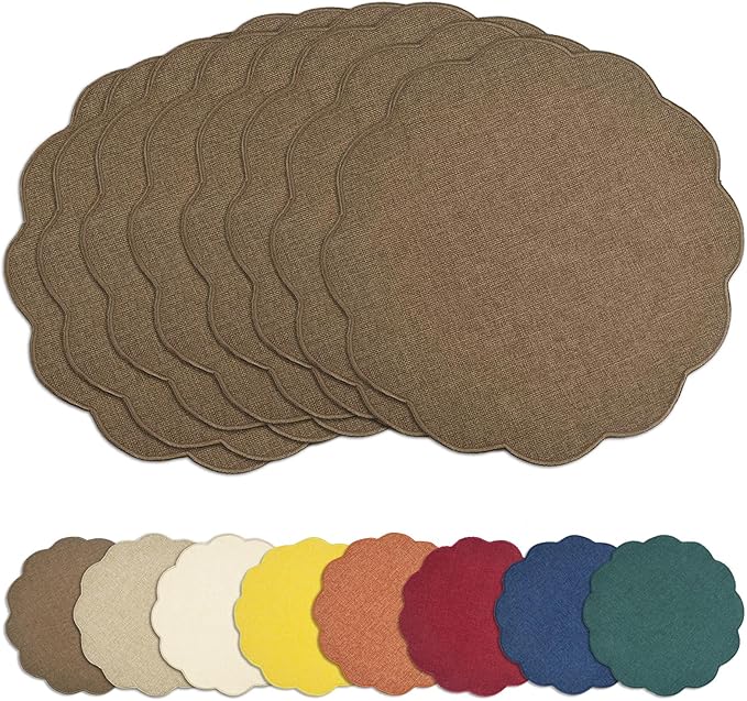 AHHFSMEI Round Faux Linen Placemats Set of 8 Waterproof Table Mats Heat Resistant Non-Slip and Stain Proof for Kitchen Dining Elegant Decor (Brown,8)
