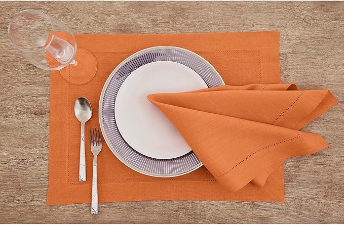 Solino Home Linen Napkins Set of 4 - Classic Hemstitch 100% Pure Linen Pumpkin Dinner Napkins Cloth 20 x 20 Inch - Handcrafted and Machine Washable