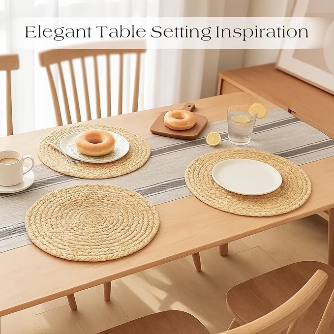 13??Woven Round Placemats Set of 4, Natural Water Hyacinth Braided Table Mats with 4 Wood Bead Napkin Rings, Washable Boho Farmhouse Rattan Place Mats for Home, Outdoor, Table Decor, Dinning, Wedding