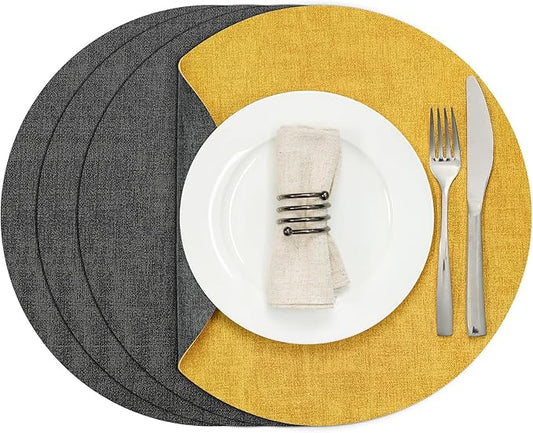 Myir JUN Round Placemats, Dual Sided Faux Leather Place Mats Set of 4 Indoor/Outdoor Non-Slip Washable Table Mats (Gray Yellow)