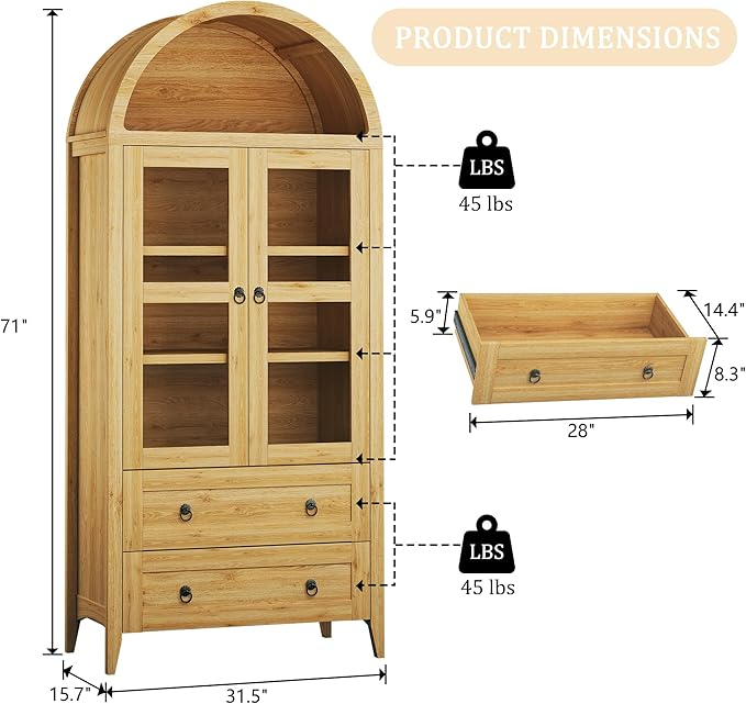 71" Tall Pantry Cabinet, Arched Cabinet, Kitchen Storage Cabinets with 2 Large Drawers & Adjustable Shelves & Glass Door for Living Room, Kitchen, Dining Room, Natrual