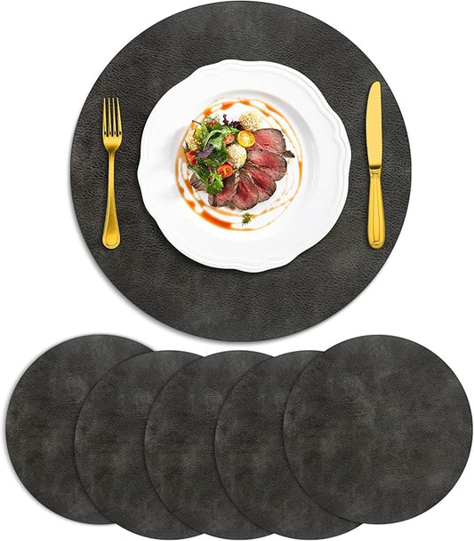 ADRIMER Placemats, Heat Resistant Round Placemats Set of 6 Washable, Waterproof Table Mats, Wipeable Faux Leather Place Mats for Kitchen, Dining Room, Dark Grey