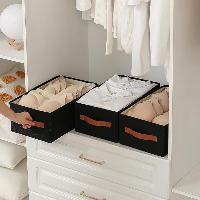 linen closet organizers and storage, 3 Pack Large Storage Baskets, Washable, Clothing Storage Bins with Handle, Closet Organizer for Storage Sweater,Sheets (Black, 16"x9쩍"x6쩐")