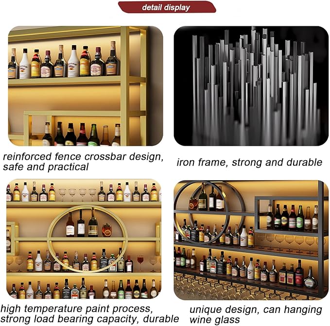 Wall Mounted Wine Rack, Modern Industrial Hanging liquor Bottles Shelves With Wine Glass Holder, Metal Floating Wine Storage Display Shelf, for Bar, Kitchen, Wine Cellar (Black, 280cm/110.2in)