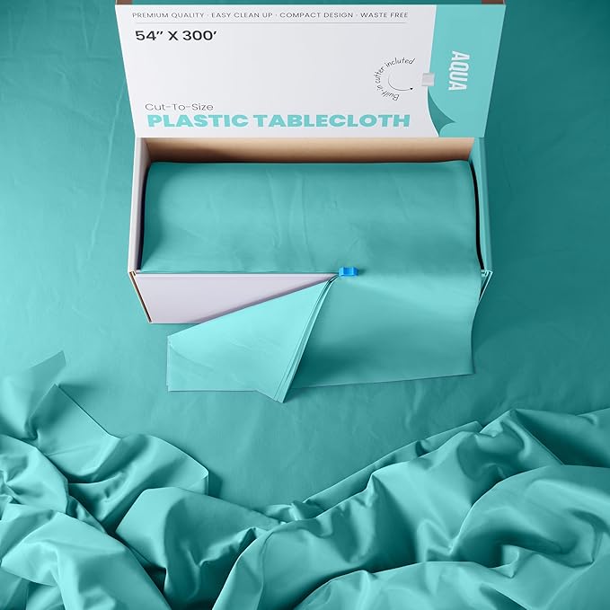 Party Solids 54 Inch X 300 Feet Aqua Plastic Table Cover Roll in A Cut - to - Size Box with Convenient Slide Cutter. Cuts Up to 36 Rectangle 8 Feet Plastic Disposable Tablecloths
