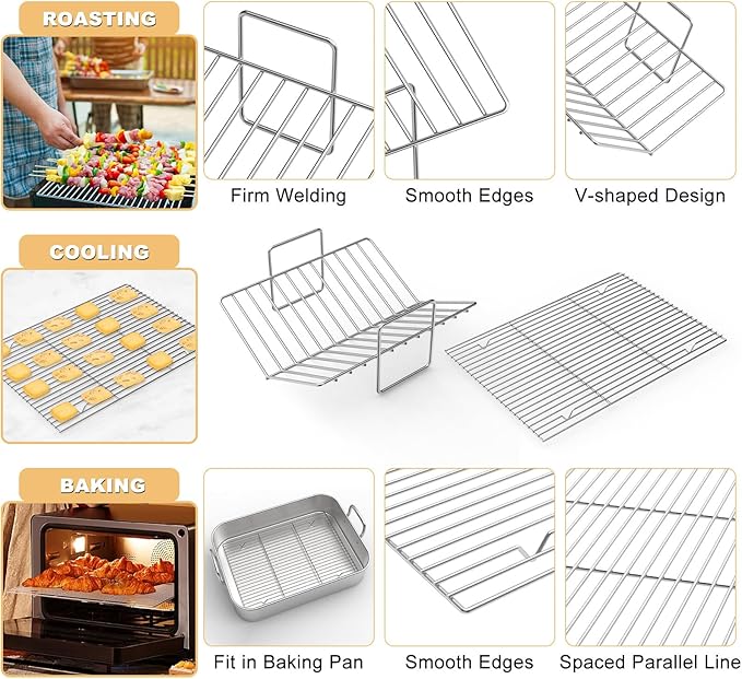 Stainless Steel Roasting Pan, 17*13 Inch Turkey Roaster with Rack - Deep Broiling Pan & V-shaped Rack & Flat Rack, Non-toxic & Heavy Duty, Great for Thanksgiving Christmas Roast Chicken Meat Lasagna