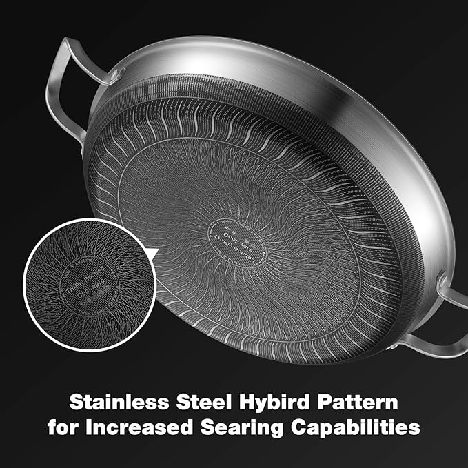 14 Inch Paella Pan with Lid, Ceramic Nonstick & Stainless Steel Induction Ready, 12-Serving Large Skillet, Oven Safe 550째F for Paella, Searing, Frying (Family Gathering & Outdoor Cooking)