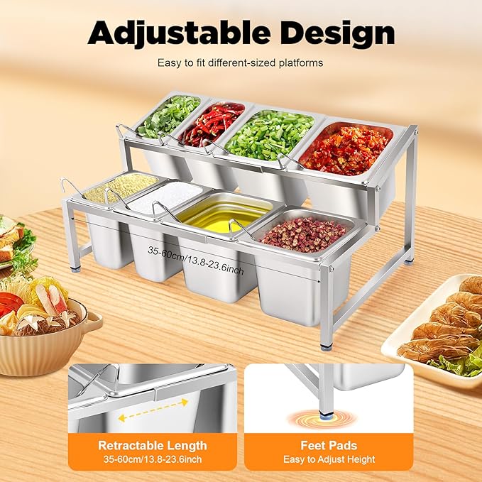 8 PCS Spice Rack Shelf, 2-Tier Stainless Steel Spice Organizer Stand with Lids and Spoons, Expandable Spice Rack for Buffets, Homes and Commercial Kitchens (4 X 1/9 Pans + 4 X 1/6 Pans)
