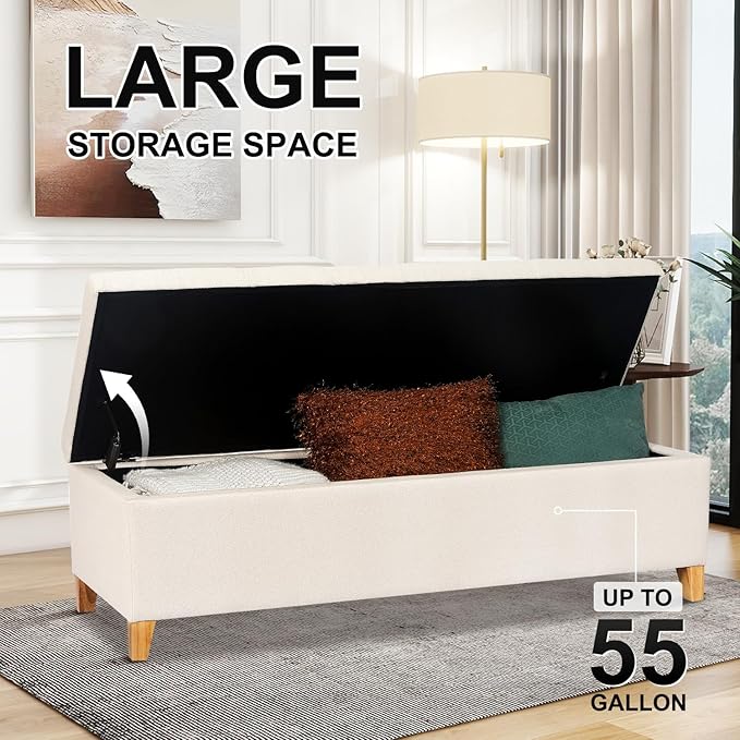 DECO DE VILLE Ottoman with Storage, 51 Inch End of Bed Storage Ottoman Bench, Linen Fabric Upholstered Ottomans with Hinged Lid, Rectangle Long Foot Rest Bench for Entryway Living Room Bedroom White