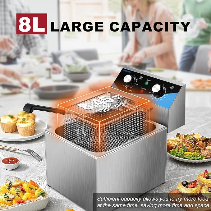 8L/8.45QT Stainless Steel Electric Deep Fryer with Basket & Lid, Single Tank Countertop Kitchen Frying Machine with Timer for Home Kitchen, Restaurant, Delis, 1800 Watts 110V