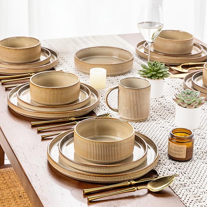 GBHOME Stoneware Dinnerware Sets for 4,Round Reactive Glaze Ceramic Plates and Bowls Set,Highly Scratch Resistant | Dishwasher & Microwave Safe Dishes Set,Service for 4(12Pcs),Barley Latte