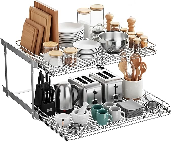 HOLDN??STORAGE Two Tier Pull Out Cabinet Organizer, Individual Sliding Drawers - Heavy Duty Metal with Lifetime Limited Warranty - Anti Rust Chrome Finish - 28" W x 21?쒭 x 16.5" H