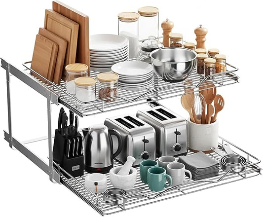 HOLDN??STORAGE Two Tier Pull Out Cabinet Organizer, Individual Sliding Drawers - Heavy Duty Metal with Lifetime Limited Warranty - Anti Rust Chrome Finish - 28" W x 21?쒭 x 16.5" H