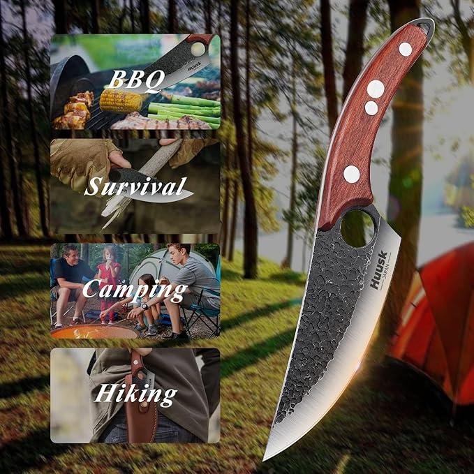 Huusk Viking Knives Hand Forged Boning & Chef Knife - Full Tang Japanese Blade with Sheath - Butcher Meat Cleaver - Camping & Kitchen Christmas Gifts for Men and Women