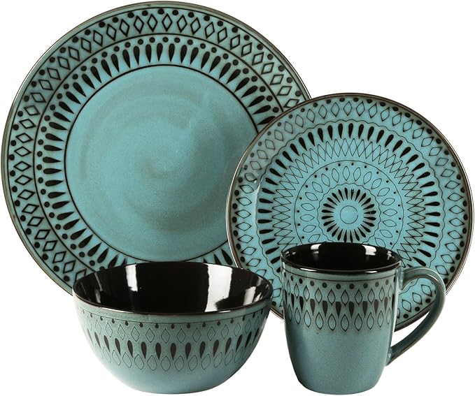 American Atelier Delilah Round Dinnerware Set, Green ??16-Piece Stoneware Dinner Party Collection w/ 4 Dinner Plates, 4 Salad Plates, 4 Bowls & 4 Mugs,Green New