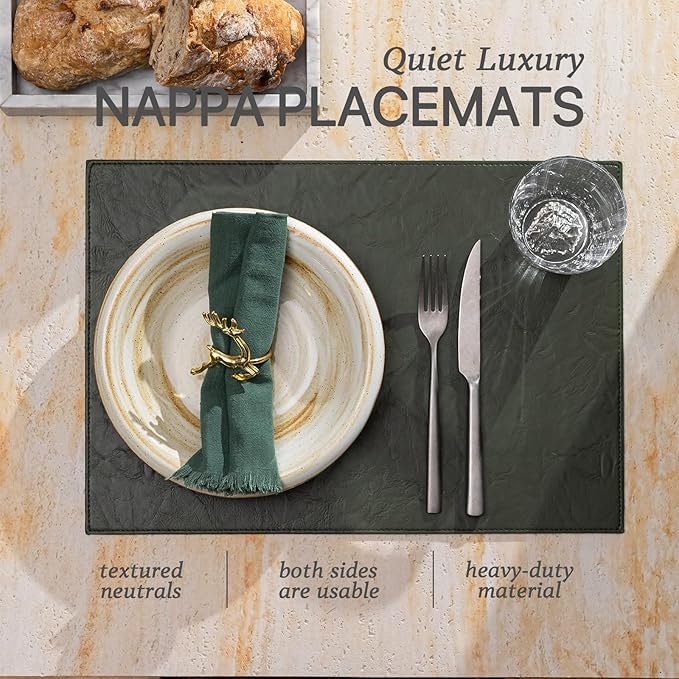 Baroyal Faux Leather Placemats Set of 6 Vinyl Washable Wipeable Table Mats for Kitchen Dining Table Heat Resistant Waterproof Indoor/Outdoor Placemats Non-Slip Easy Clean Place Mats (Olive Green)