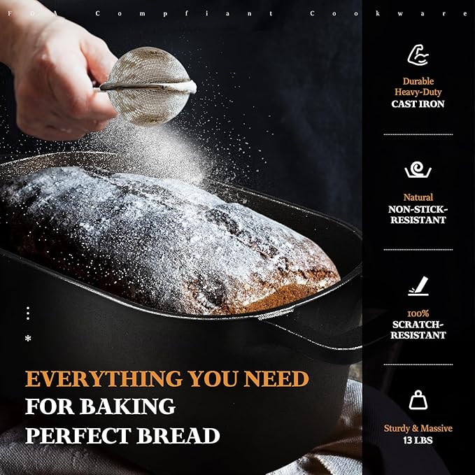 Cast Iron Loap Pan, 3.6QT Oval Dutch Oven for Bread Baking, Pre-Seasoned Sourdough Baking Supplies Kit, Cast Iron Dutch Oven with Lid for Homemade Bread, Sourdough Bread Pan