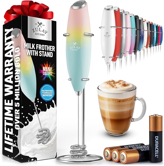 Zulay Kitchen Patented Tornado Triple Whisk Milk Frother with 4 Duracell Batteries ??Handheld Foam Maker for Coffee, Lattes, Matcha & Hot Chocolate ??Rich, Creamy Froth in Seconds