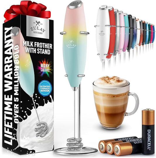 Zulay Kitchen Patented Tornado Triple Whisk Milk Frother with 4 Duracell Batteries ??Handheld Foam Maker for Coffee, Lattes, Matcha & Hot Chocolate ??Rich, Creamy Froth in Seconds