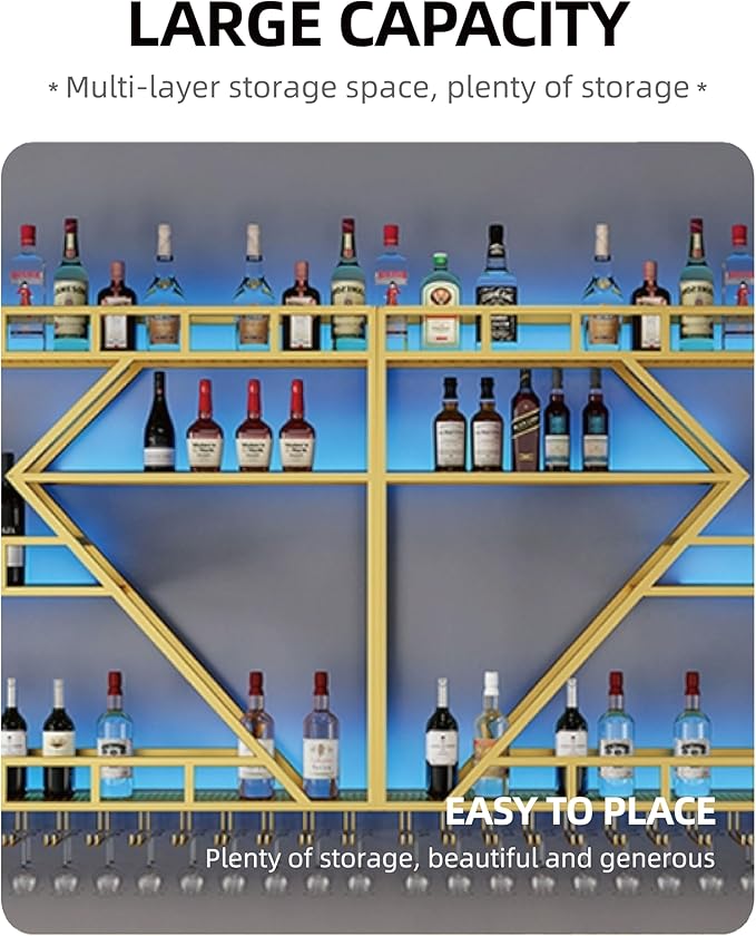 71 Inch Modern Wall Mounted Wine Rack with LED Light, Large Metal Bar Shelves for Liquor Bottles, Stylish Wall Wine Rack Storage Organizer for Dining Room & Home Bar(Gold-Yellow Led, 71in)