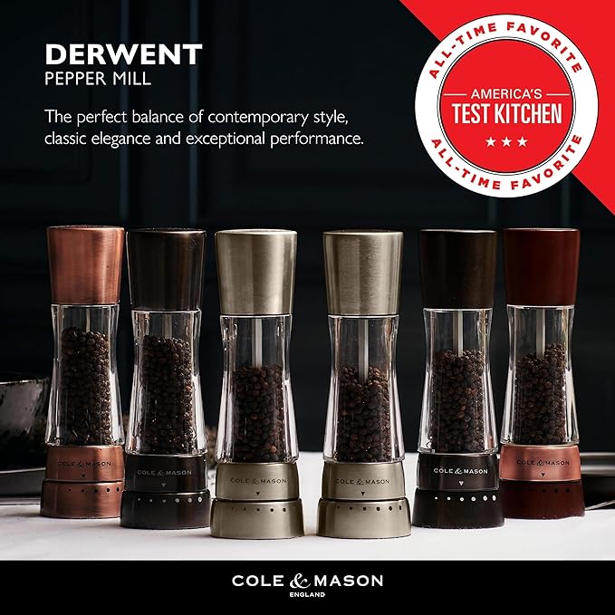 Cole & Mason Derwent Pepper Mill - Gourmet Precision Pepper Grinder - Refillable Seasoning and Spice Tools - Adjustable Black Peppercorn Grinder Settings - Black Wood