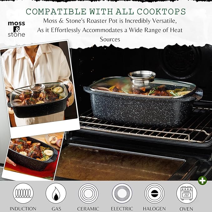 Moss & Stone 6 Quart Oval Roaster Pot with Lid, 12"x8.3" Die Cast Aluminum Chicken Roaster, Induction, Gas & Ceramic Cooktop Compatible, Hard Anodized Nonstick Roasting Pan With Lid, Oven Safe