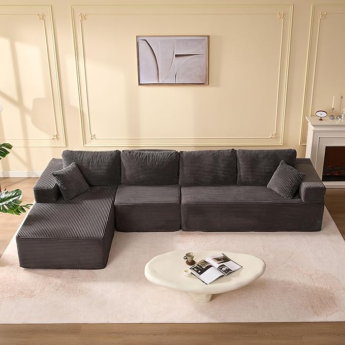 138" Boneless Couch with Deep Seat, Modular Sectional Sofa, Cloud Sectional Couch for Living Room, No Assembly Required, Corduroy, 4 Seater L-Shape Left, Grey