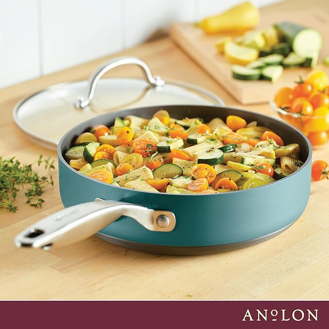 Anolon Achieve Hard Anodized Nonstick Saut챕 Pan with Lid, 3 Quart - Teal