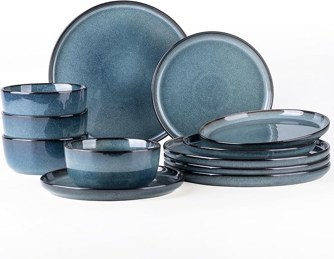 GBHOME Ceramic Dinnerware Sets for 4, 12 Pieces Stoneware Plates and Bowls Sets, Scratch Resistant Dishes, Dishwasher & Microwave Safe, Reactive Glaze-Blue Horizon