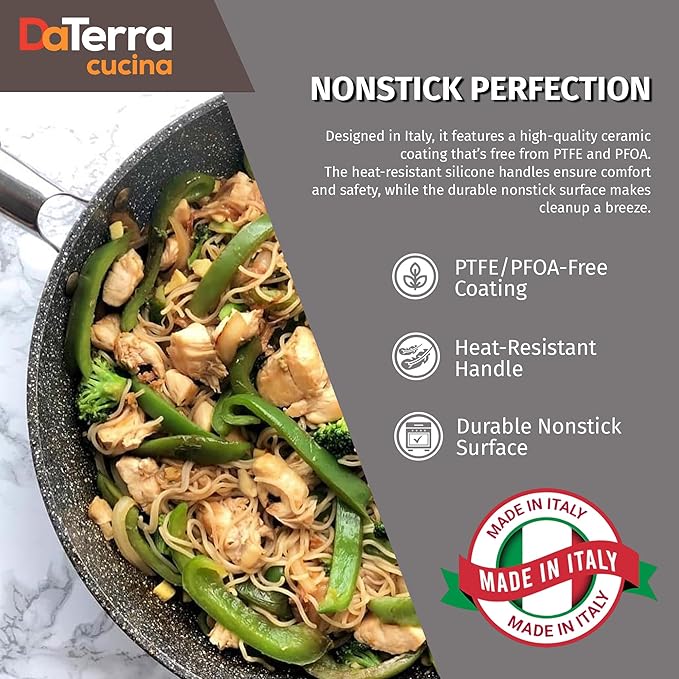 DaTerra Cucina - Nonstick Ceramic Wok with Lid - Made in Italy - High Heat Resistant Nonstick Cookware - Oven Safe, PTFE, Cadmium, Lead & PFOA free - Volcanic Black Speckled 13