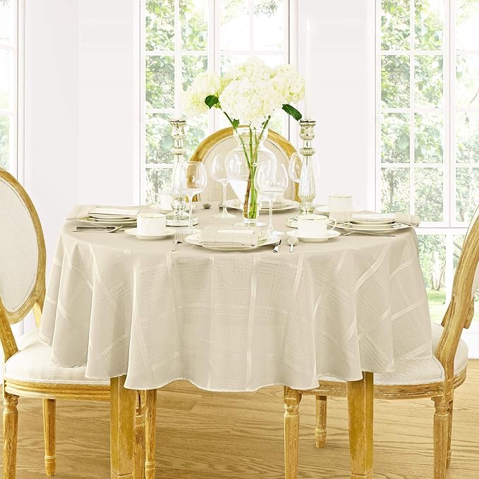 Newbridge 60 x 84 Inch Oval Fabric Tablecloth, Elegance Plaid, 100% Polyester, No Iron Soil Resistant Dining Room, Party and Banquet Table Cover, Solid Textured, Beige