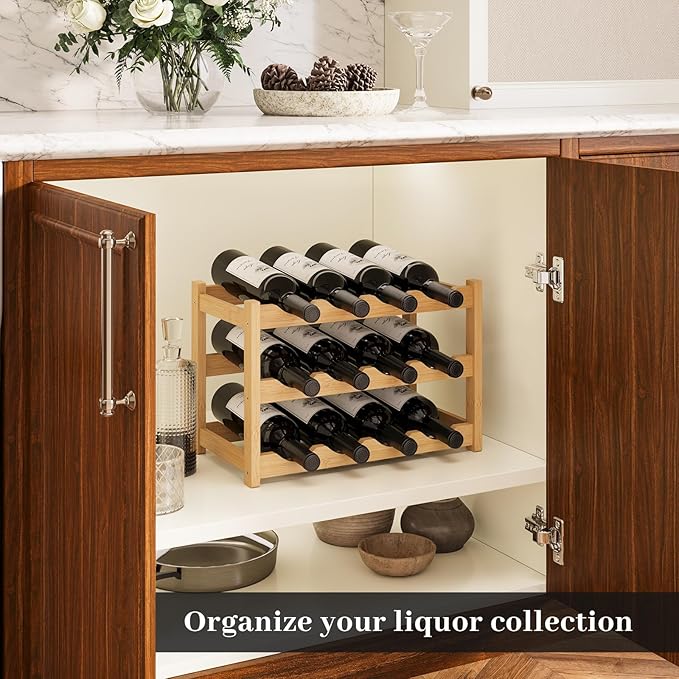 Wine Rack竊똁amboo Wine Storage Cabinet Shelf竊똂ountertop Wine Shelf- Freestanding Wine Holder for Kitchen & Pantry (Natural, 3-Tier)