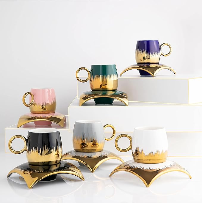 Turkish Coffee Cup Set of 6 with Saucers & Tray - Luxury Arabic Greek Japanese Marble Ceramic Tea Cups for Espresso Cappuccino Latte Mocha, Ideal Gift - 6.7oz,- Assorted Colors