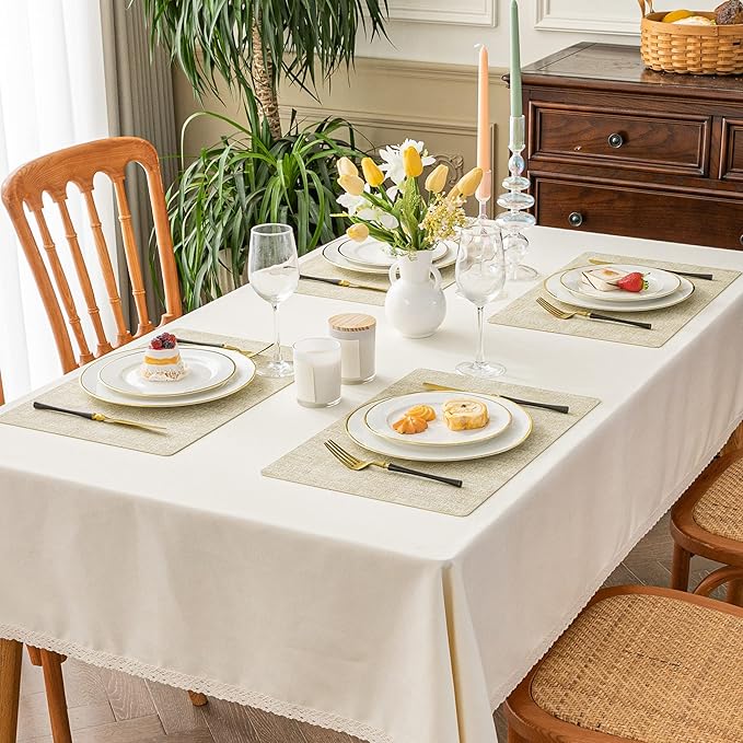 Romanstile Vinyl Placemats Set of 6-12 X 17 Inch - Heat Resistant Place Mats 100% Waterproof Oilproof Wipeable Reversible Faux Leather Table Mats for Kitchen, Dining, Party, Outdoor, Beige