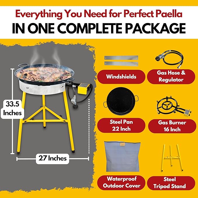 Paella Burner and Stand Set 16 Servings, 22 Inch Paella Pan, Dual Propane Outdoor Stove with Stand & Regulator, Portable Gas Cooker for Camping Crawfish Boil Cooking Outdoor, Paellera Propano