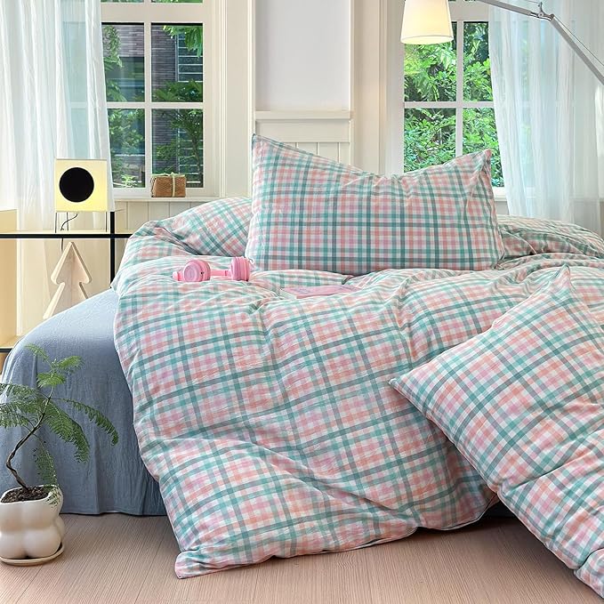 LifeTB Gingham Comforter Set Twin XL Multi-Colored Plaid Comforter Set 3 Pieces Checkered Grid Comforter with 2 Pillowcases Soft Fluffy Gingham Bedding Set Farmhouse Grid Bed Comforter Twin XL
