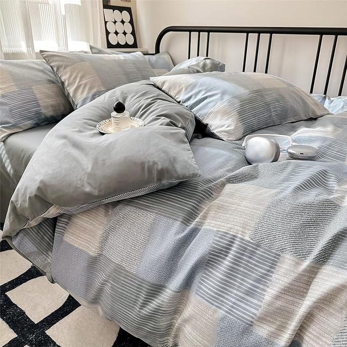 Farmhouse Twin XL Geometric Patchwork Comforter Set with Fluffy Plaid Striped Comforter and 2 Pillowcases for All Season Bedding
