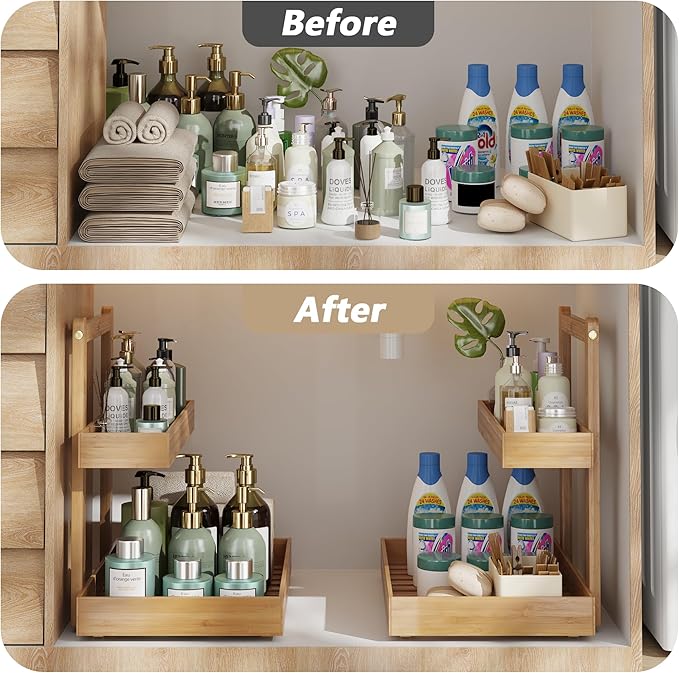 Bamboo Under Sink Organizer and Storage, 2 Tier Pull Out Cabinet Organizer, Slide Out Under Sink Storage Shelf, Undersink Organizers Shelves for Kitchen Bathroom Organization (Nature, 1 Pack)