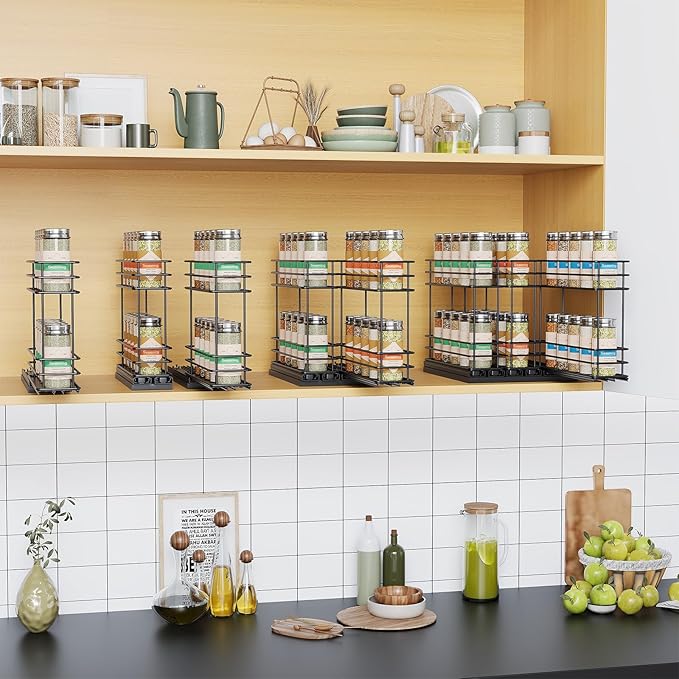 Pull Out Spice Rack Organizer for Cabinet, Slide Out Spice Racks, Easy to Install Spice Cabinet Organizer, 2.5" Wx10.43 Dx8.26 H, 1 Drawer 2 Tiers（Black）