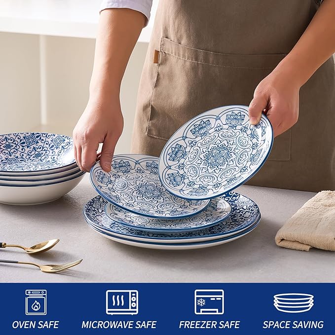 Bestone Porcelain Dinnerware Sets Service for 4, 12 pcs Hand drawn Plates and Bowls Sets, Handmade Ceramic Dish Set, Chip Resistant Modern Plate Set, Dishwasher/Microwave Safe竊똙intage Blue