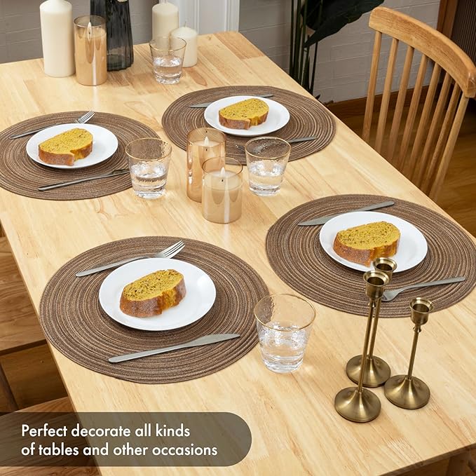 Winknowl Round Braided Placemats Set of 8 Washable Woven Heat Resistant Table Mats for Kitchen Dining Tables 15 inch Round Place Mats (Brown,8)