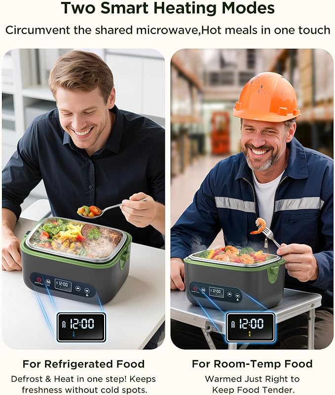 KPPTYUNM Cordless Electric Lunch Box for Adults竊?0000mAh Rechargeable Heated Lunch Box with Self Heating & 1.2L Portable Food Warmer for Work Travel Car(Gray-Green)