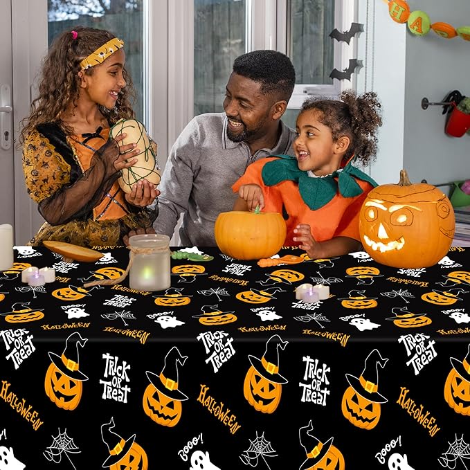 QZYL 2 Pack Halloween Table Cloths, 54 in x 108 in Pumpkin Party Decorations, Purple Black Tablecloth Disposable Plastic Table Cloth Tablecover, Halloween Party Decor Dinnerware Home