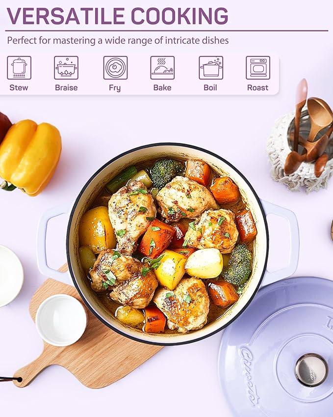 Enameled Cast Iron Dutch Oven ??4.4 Quart Pot with Lid & Potholders ??Heavy-Duty Cookware for Bread Baking, Braising, Stews & Roasting ??Oven & Stovetop Safe up to 500째F ??Purple