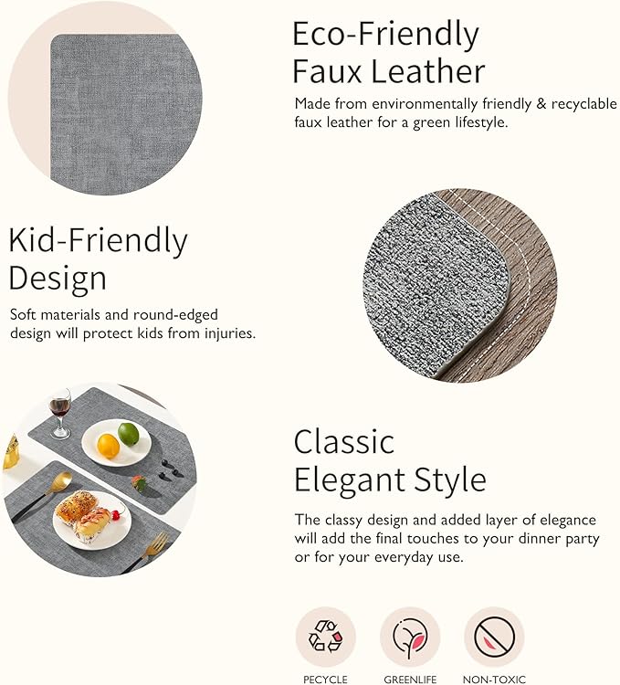 Maxpearl Faux Leather Placemats Set of 8 ??Waterproof, Wipe Clean, Heat Resistant, Non-Slip Dining Table Mats for Indoor & Outdoor Use, 17?씳?2?? Grey