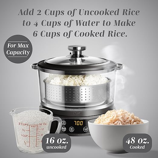 COOK WITH COLOR 3L Glass Mini Low Carb Rice Cooker ??Holds 2 Cups Raw/Makes 6 Cups Cooked with Auto Lift Filter Basket, Hotpot & Steamer for Rice, Grains, Digital Panel with Keep Warm, Black