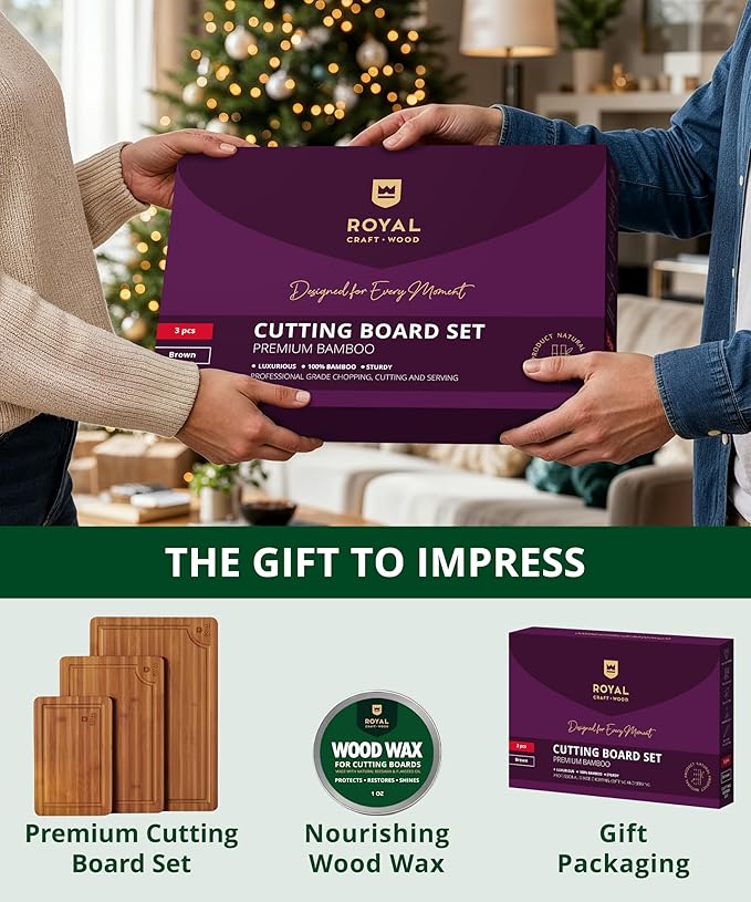 ROYAL CRAFT WOOD Bamboo Cutting Board Set ??3 Durable Wooden Cutting Boards for Kitchen Meal Prep, Charcuterie & Serving ??Chopping & Butcher Block with Juice Grooves ??Gift-Ready Packaging & Wood Wax