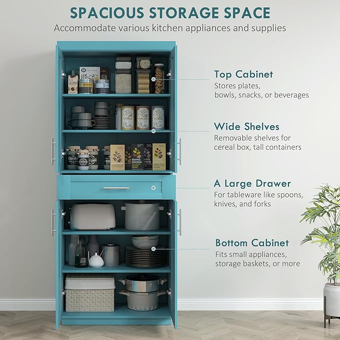 HOMCOM 72" Kitchen Pantry Cabinet, Freestanding Tall Storage Cabinet with 4 Doors, Drawer and 3 Adjustable Shelves for Dining Room, Turquoise