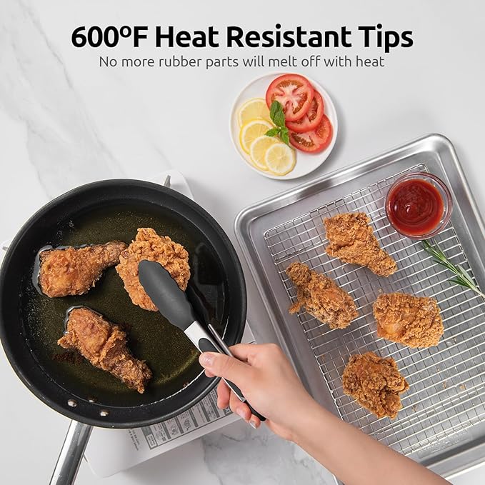 600쨘F Heat Resistant Kitchen Tong: U-Taste 7 inch Silicone Cooking Tong with Firm Sealed Non Stick Rubber Tips & Silicon Coated 18/8 Stainless Steel Handle & Smooth Locking for Serving Salad (Black)