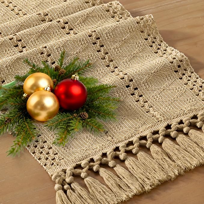 Socomi Boho Table Runner Valentine's Day Farmhouse Rustic Dining Kitchen Centerpiece Decor Small Macrame Woven Cotton Linen Coffee Table Runner for Dresser Scarf Home Decor 12x48 inch Champagne